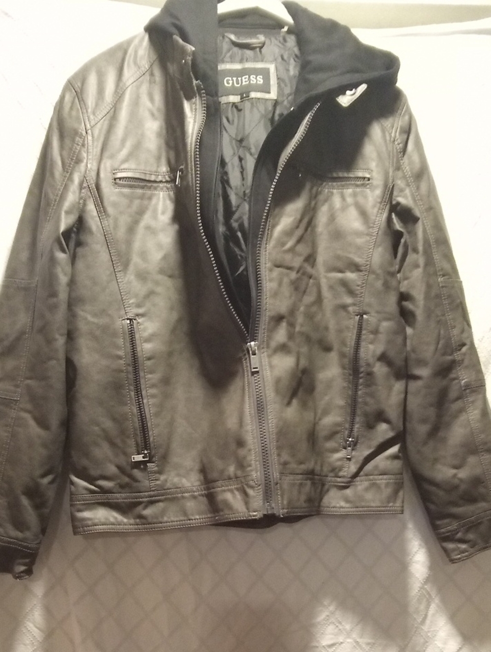 Guess Black Faux Leather Bomber Jacket with Hood